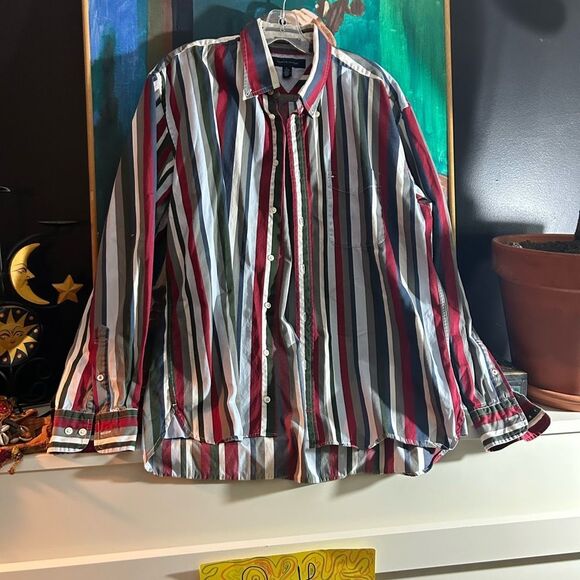 Vintage Y2K Tommy Hilfiger Red and Blue Striped Men's Shirt XL - Picture 8 of 16